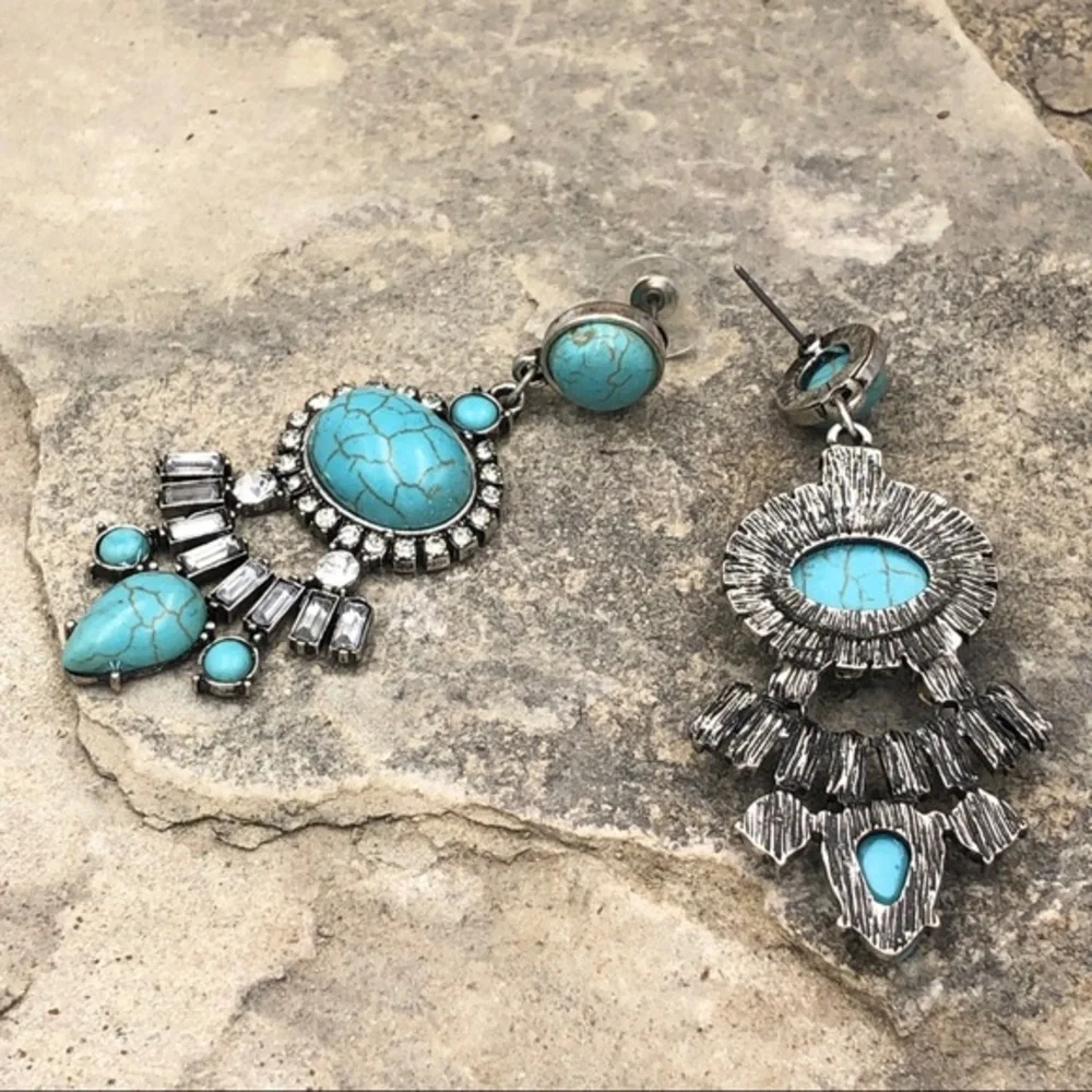 🌼 Unique Turquoise & Rhinestone Earrings - Picture 2 of 4